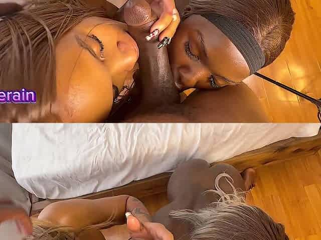 Darksome skinned black and mixed beauty join me for a three-some