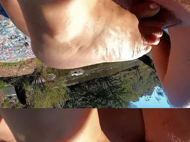 Exposed Public Outdoor Footplay and Banging. Spectators and Kayakers Watching
