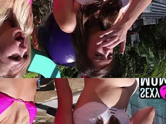 Girls in bikinis have fun by the pool with toys and tongues