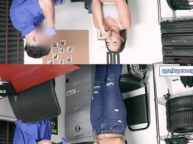 Security guard disrobes then screws brunette hair black shoplifter