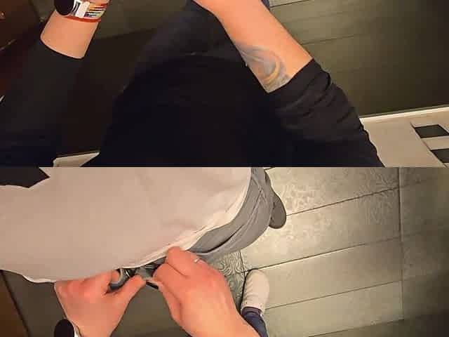 Cuckold with spunk fountain in the restaurant latrine