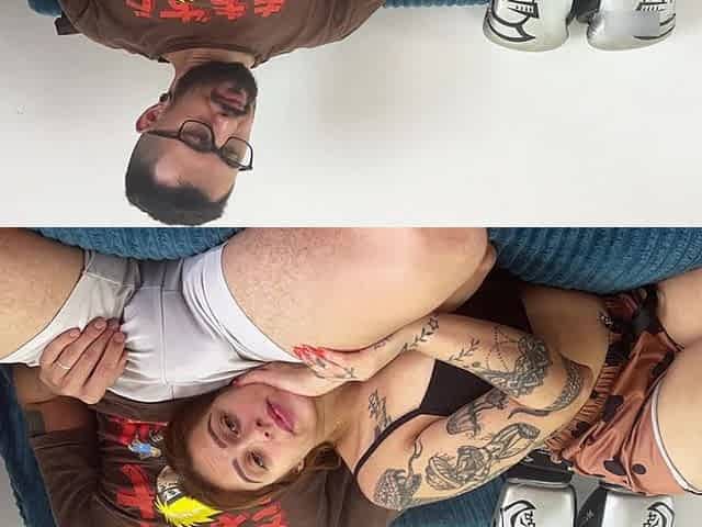 Redhead Tattooed Roommate Lies on the Nerd's Lap Surprise Blowjob and Strong Cumshot in the Face!
