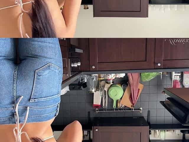 Tight Jeans and Exposed Belly in the Kitchen