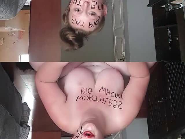 Large bulky worthless pig degrading herself - body writing -hair pulling - self slapping