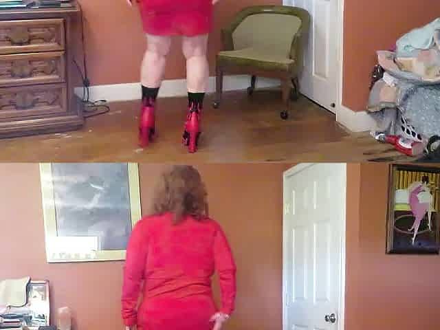 Disrobe tease from red costume and flaming boots part 1