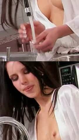 Brunette Babe Masturbates Wildly with Kitchen Faucet to Explosive Orgasm