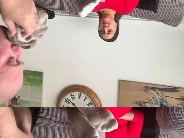 Busty brunette foot fetish and footjob in nylons