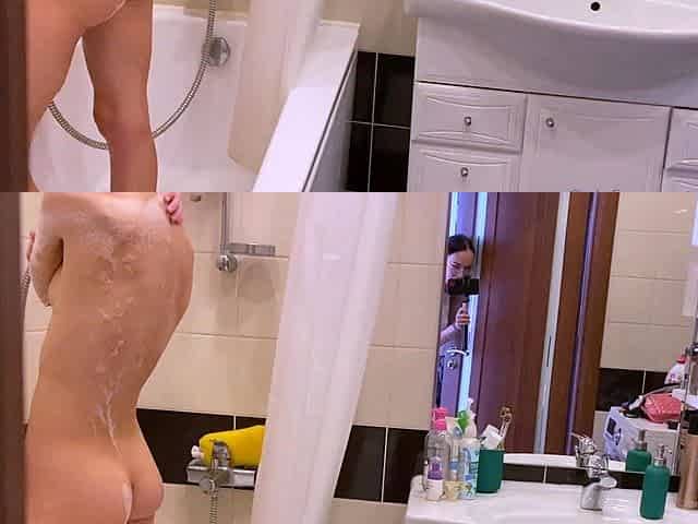This horny amateur dirty talked teen masturbates in shower