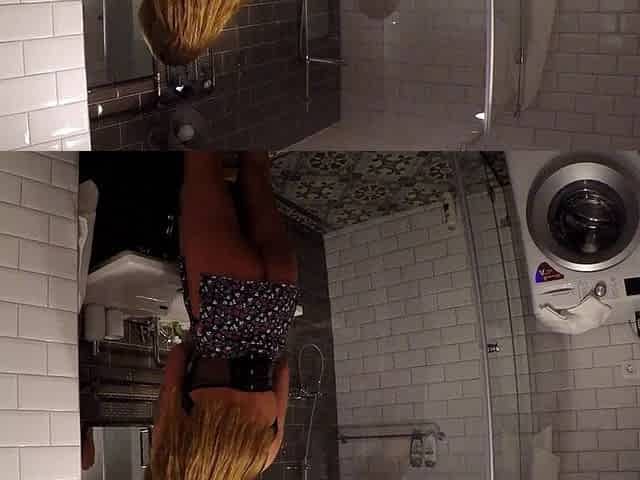 See through bra big boobs and big ass girlfriend in the bathroom shows her tight pussy lips with a girl wedgie in her naked ass