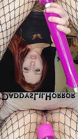 Redhead In Fishnets Shaggy Snatch Sextoy Wand Play