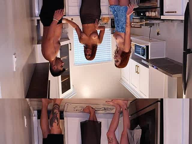 Threesome in the Kitchen with Cum on Tits