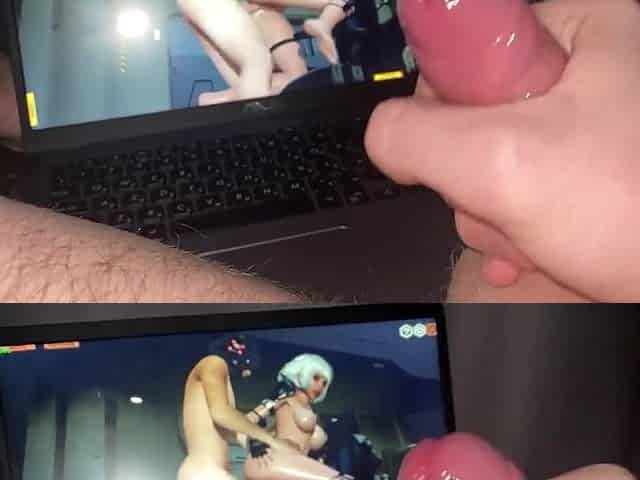 the chap masturbates to the angel who is drilled hard in doggystyle from a porn game