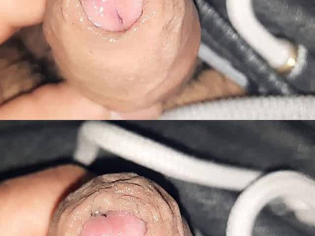 Tiny uncut grower not shower, precum, slow foreskin rolling close up, glistening precum play