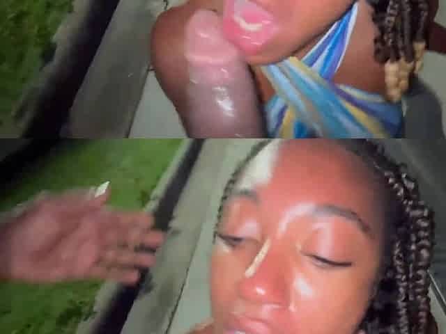 Horny braided ebony wife sucks trucker cock in public parking lot like a total slut