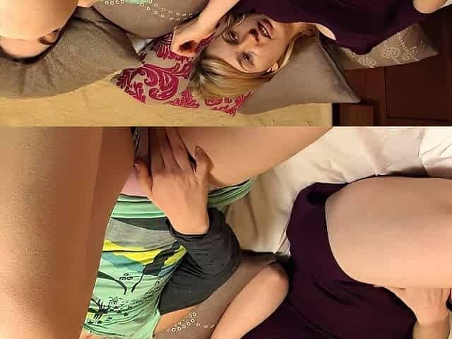 Blonde Brunette Lesbians Playing On Bed