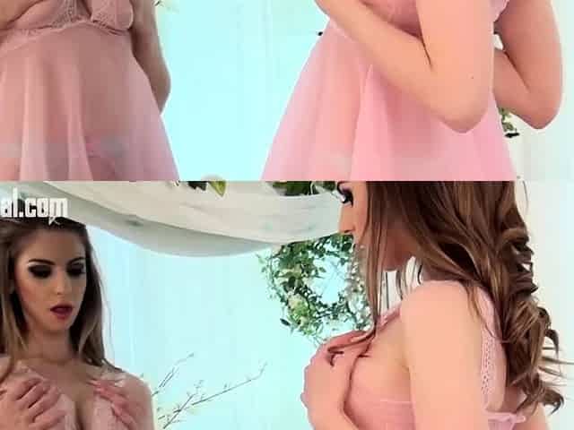 Sexy natural brunette Stella Cox masturbating in cute pink