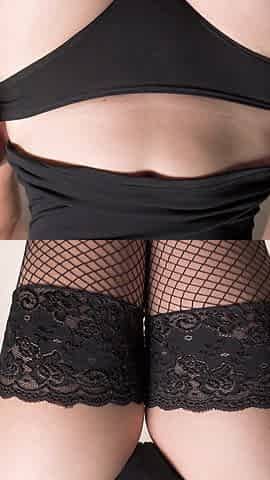 Sensual Thigh Gap Tease in Lingerie and Fishnets