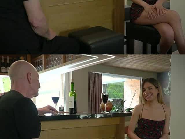 Astonishing youthful blond gets cum in throat from old bartender after this babe gets hard vagina banged