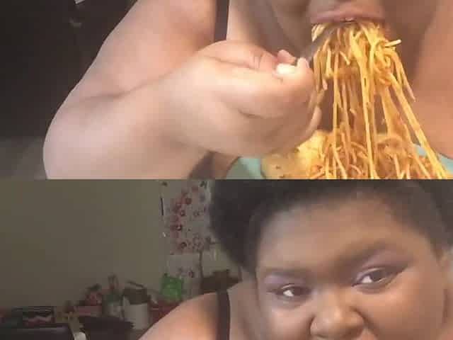 BLACK big beautiful woman EATS PASTA DINNER