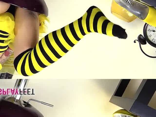 Excited cosplayer in a bee dress gets u hard with toes