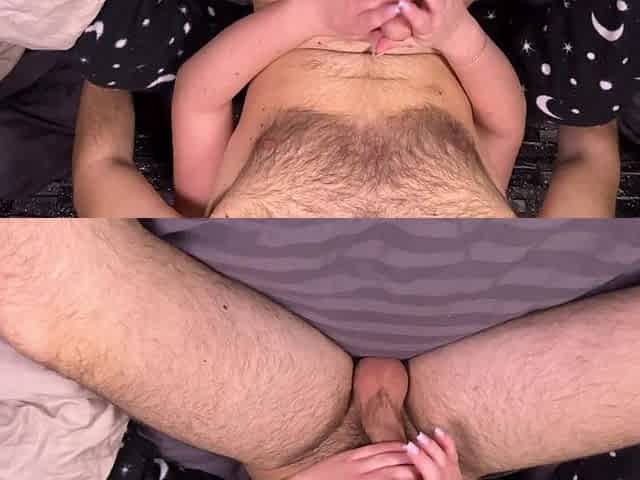 Hot Handjob From Behind Triggers a Huge Cumshot From His Big Cock