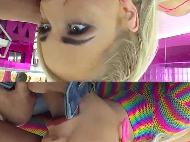 Two ash-blonde women with large tits use a banana