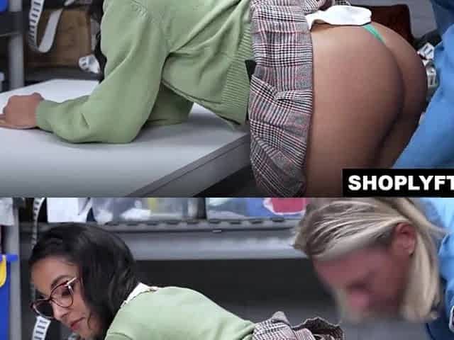 Pervert officer bows CLaire Ebony over his desk and screws her twat