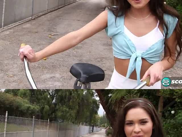 Youngster Zoe goes for a bike ride and then drops her white, cotton panties and rubs her meaty pussy lips.