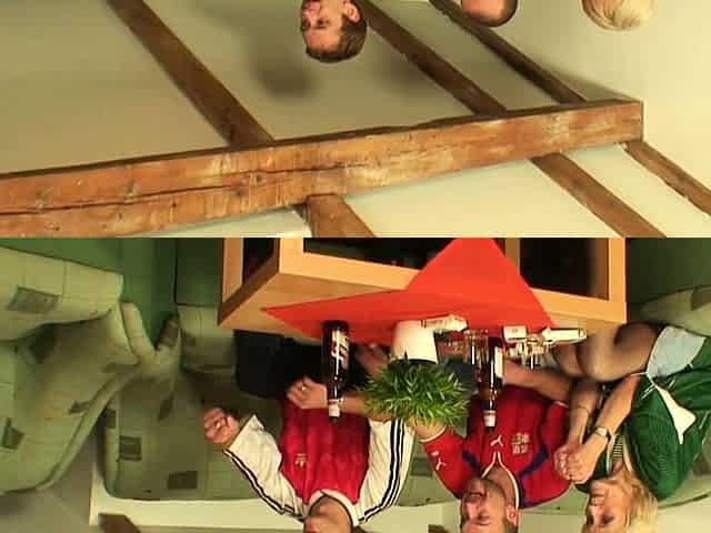 Very old blonde granny swallows two cocks at once