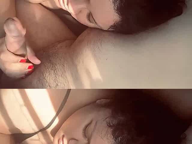 Girlfriend plays with precum in the sunlight