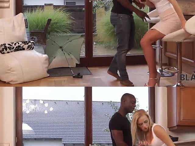 Skinny blonde exchanges oral pleasures with black guy before pumping in doggy