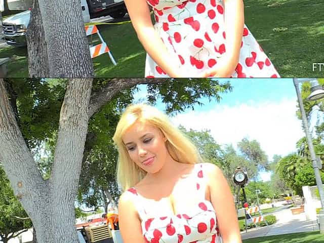 Great solo adventure of a very busty girl in a colorful dress