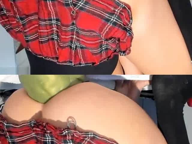Petite in skirt and socks rides a Bad Dragon and squirt