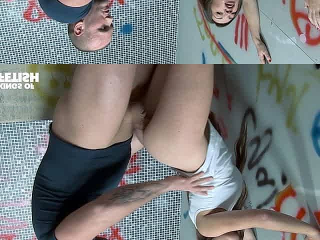 Naughty Brunette Gets Fucked by a Muscular Dude in a Public Toilet