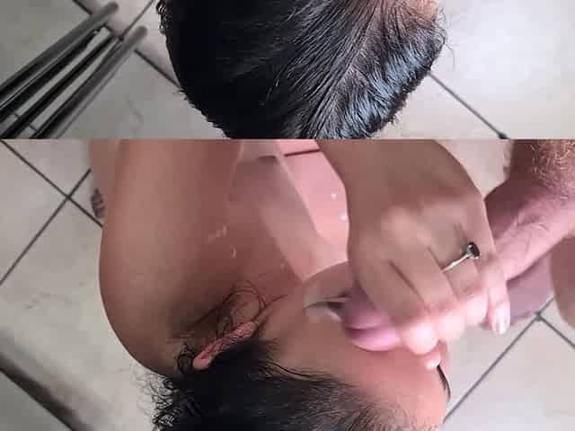 Slut eating piss soaked noodles after jerking cock with cum facial