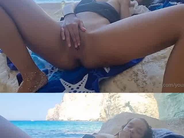 Mia Bennet - Masturbates on the public beach in her cute blue sailor dress