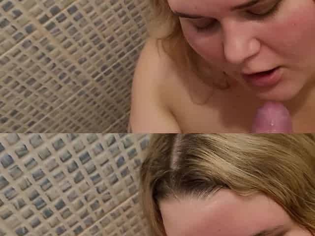 Hot Blonde Sucks Cock and Takes Nectar on Her Face and Tits in the Sauna Shower