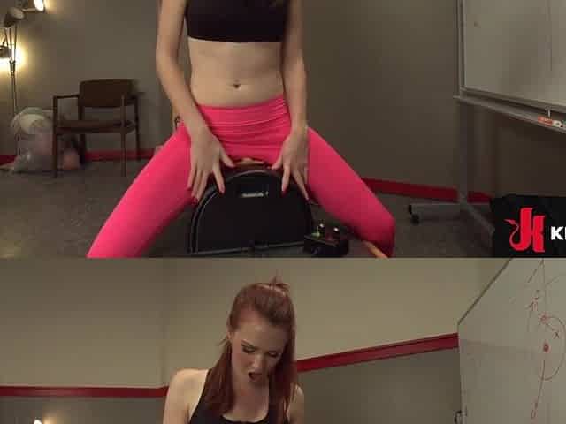 Hot, slender, and tall Blond works out in her coached office, banging herself hard with a bang machin