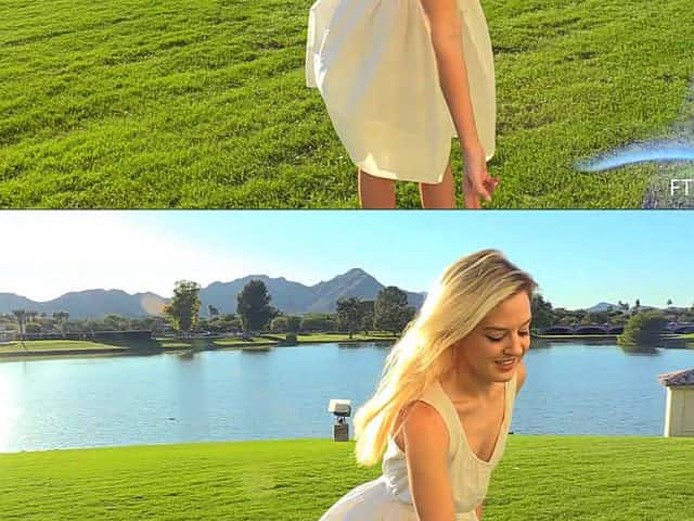 Stunning blonde in a summer dress shows off her gaping vagina