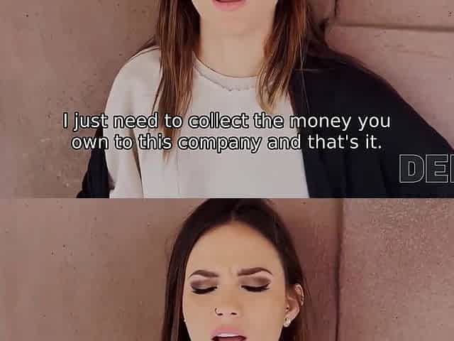 Slutty brunette offeres a debtor to fuck her pussy instead of taking money