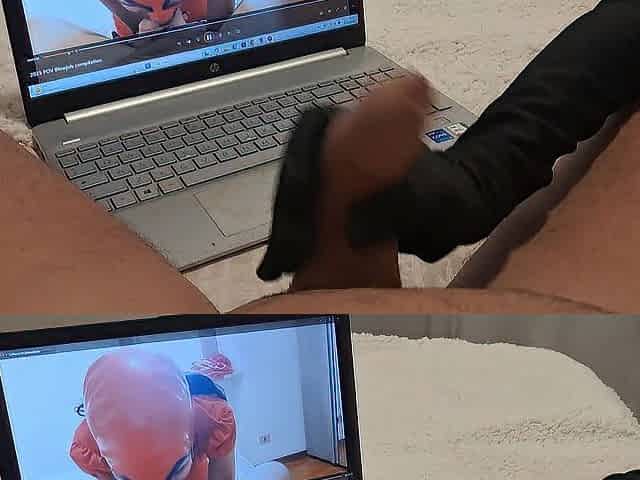 mother I'd like to fuck jerks off a large weenie until this chab cums on her gloves POV