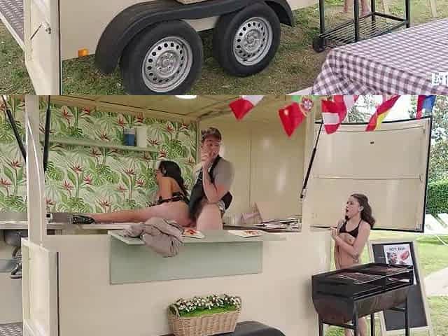 Outdoor FFM at the Food Stand With 2 Latin chick Chicks and the Chap Behind the Counter