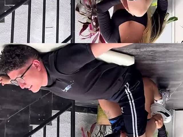Nerd guy films enormous funbags platinum-blonde trainer