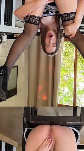 The Maid in the Kitchen Fucks Herself with a Big Dildo While the Master Is Not at Home.