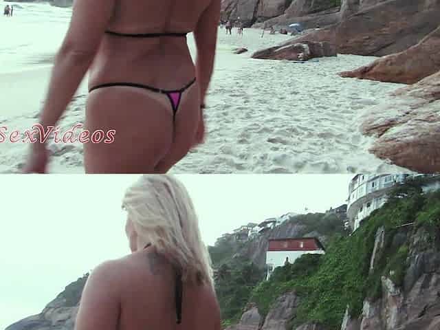 Blondeliberal with Minibikini Showing Pussy, in the Middle of Males and Fucking Friend in Front of Them