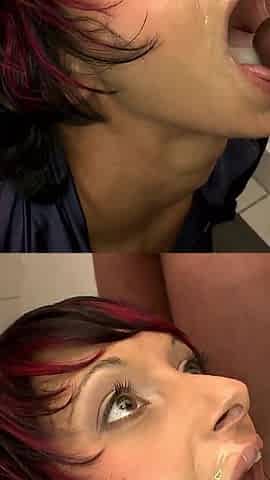 Filthy Brunette Blows in Bathroom Gangbang and Gets Facial Cum