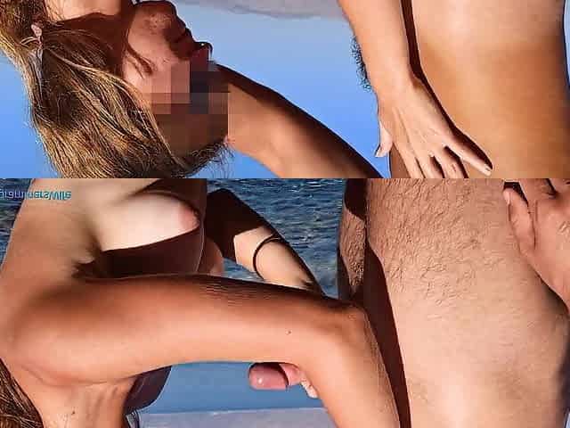 Oral pleasure on a public beach and Spunk fountain on teen melons