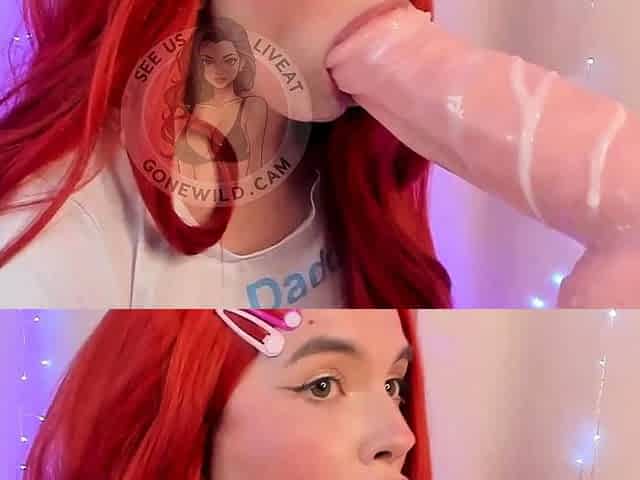 Redhead Girl Deepthroating Massive Pink Dildo on Camera
