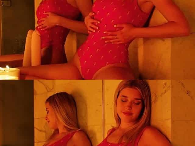Cute blonde teen with slim body strips down and masturbation