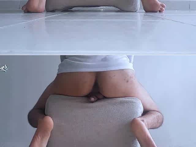 Masturbating my rich ramrod with the chair whilst showing the soles of my feet